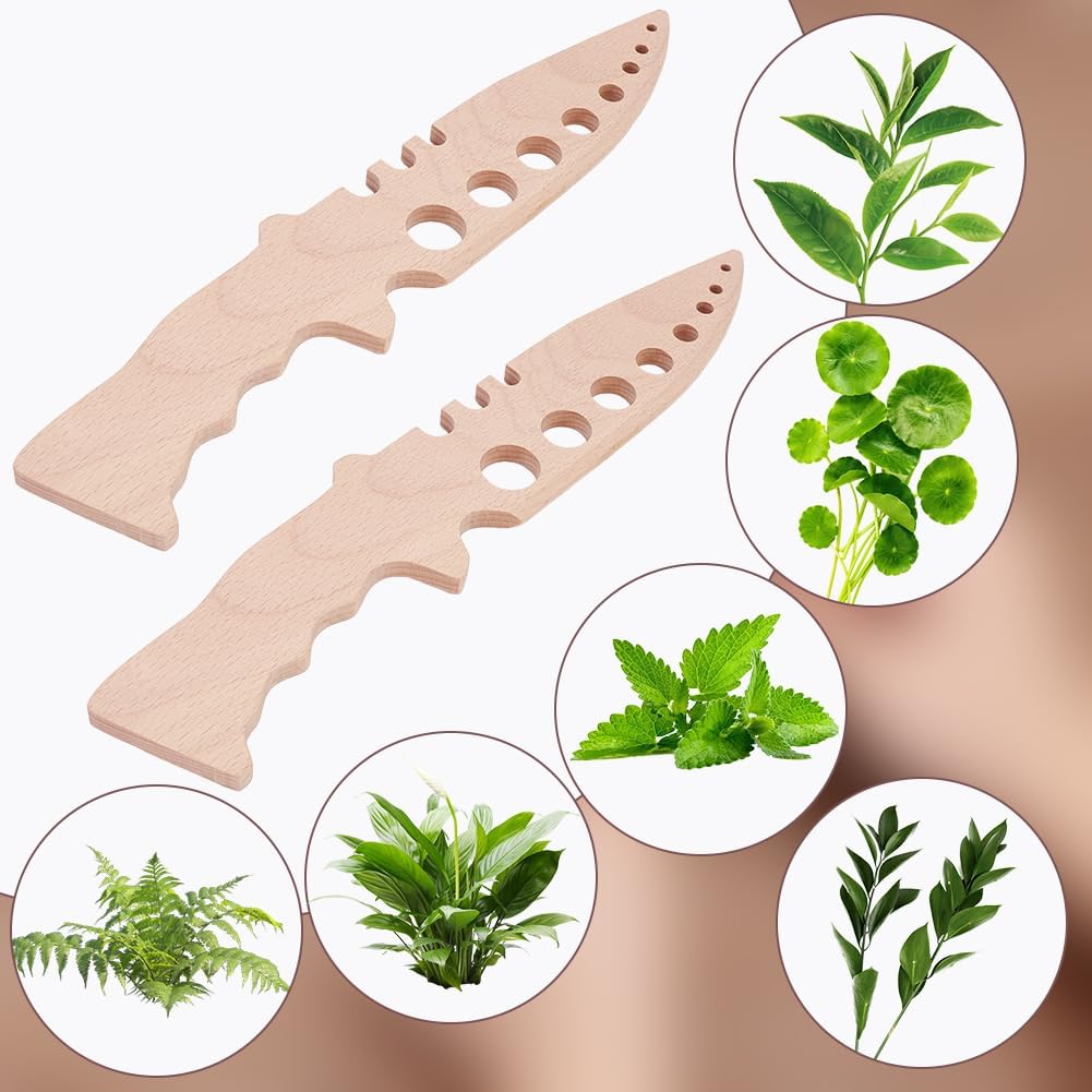 2Pcs Wooden Herbs Leaf Stripper, Wooden Herb Stripper Herb Leaves Cutter for Cooking Gifts Kitchen Cooking Appliances Wooden Herb Peeler with Holes for Cilantro Rosemary Basil Thyme Sage