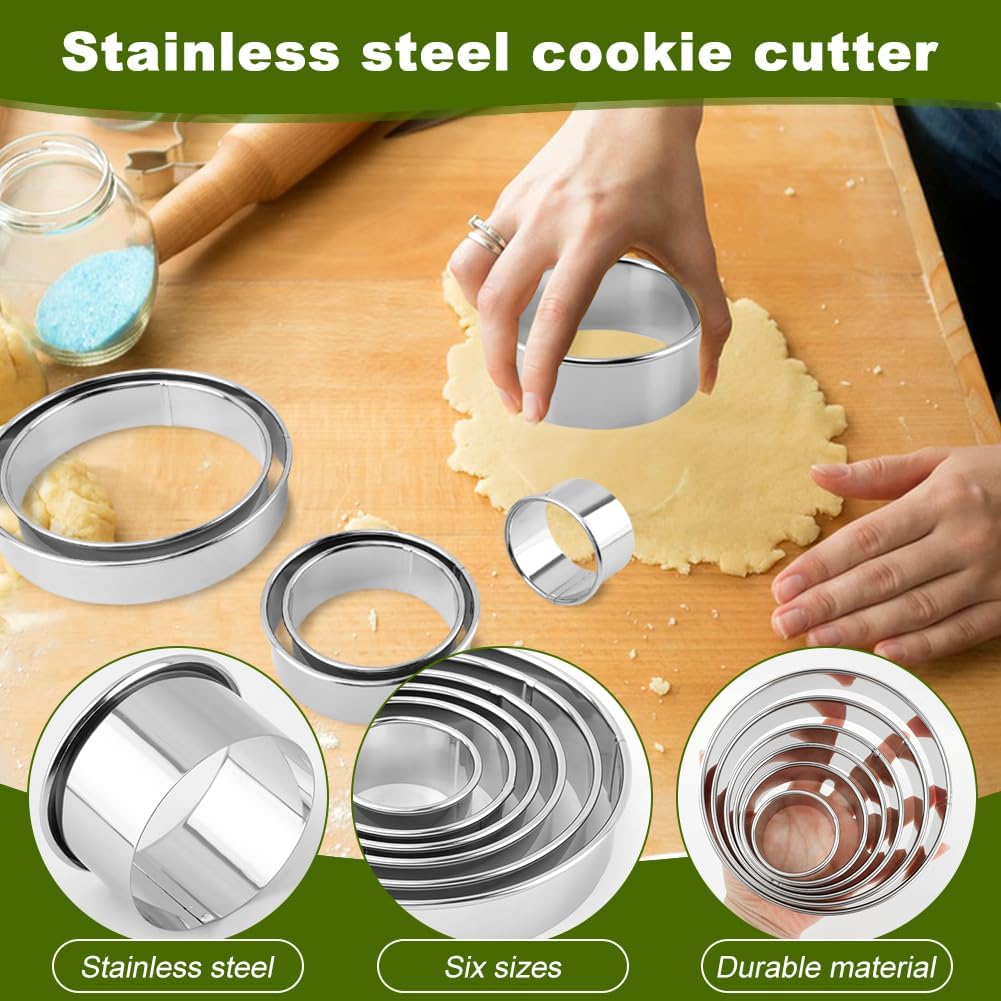 Round Cookie Cutter Set, 6 Pc, 2-6 in, Stainless Steel | 6 round cutters, 1.2 in deep, for cookies, biscuits, donuts and fondant; includes 2 dough scrapers