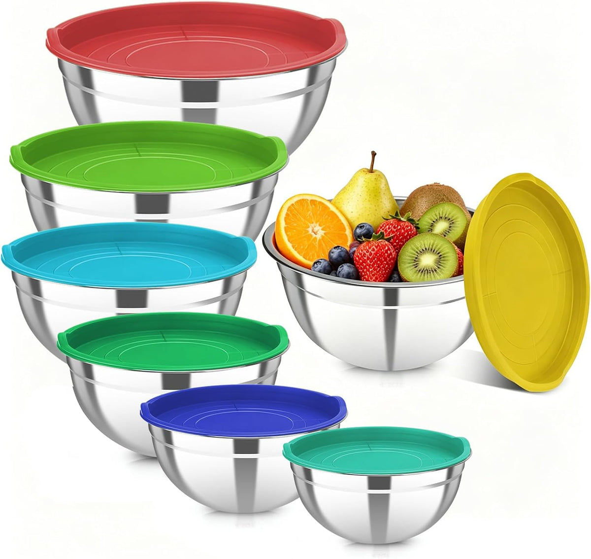 Stainless Steel Mixing Bowls with Color Lids, 7-Piece Set
