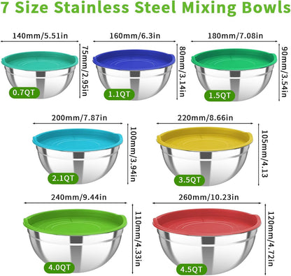 Stainless Steel Mixing Bowls with Color Lids, 7-Piece Set