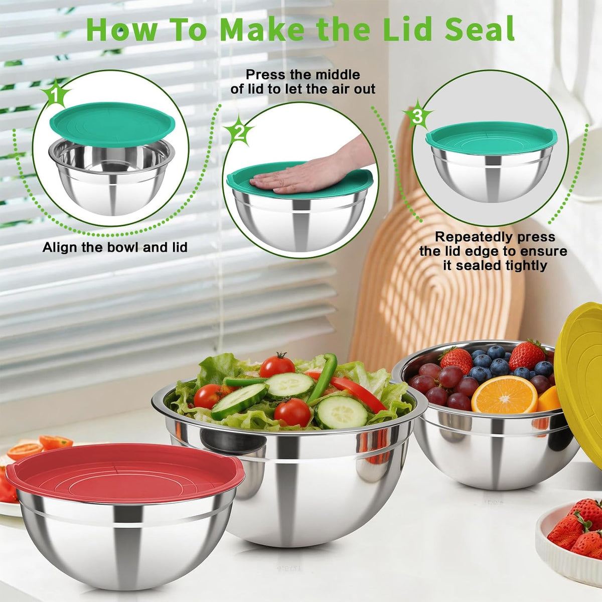 Stainless Steel Mixing Bowls with Color Lids, 7-Piece Set