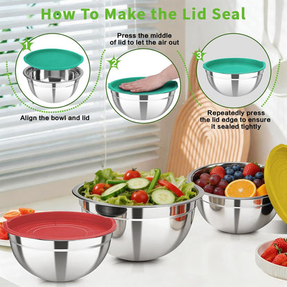 Stainless Steel Mixing Bowls with Color Lids, 7-Piece Set