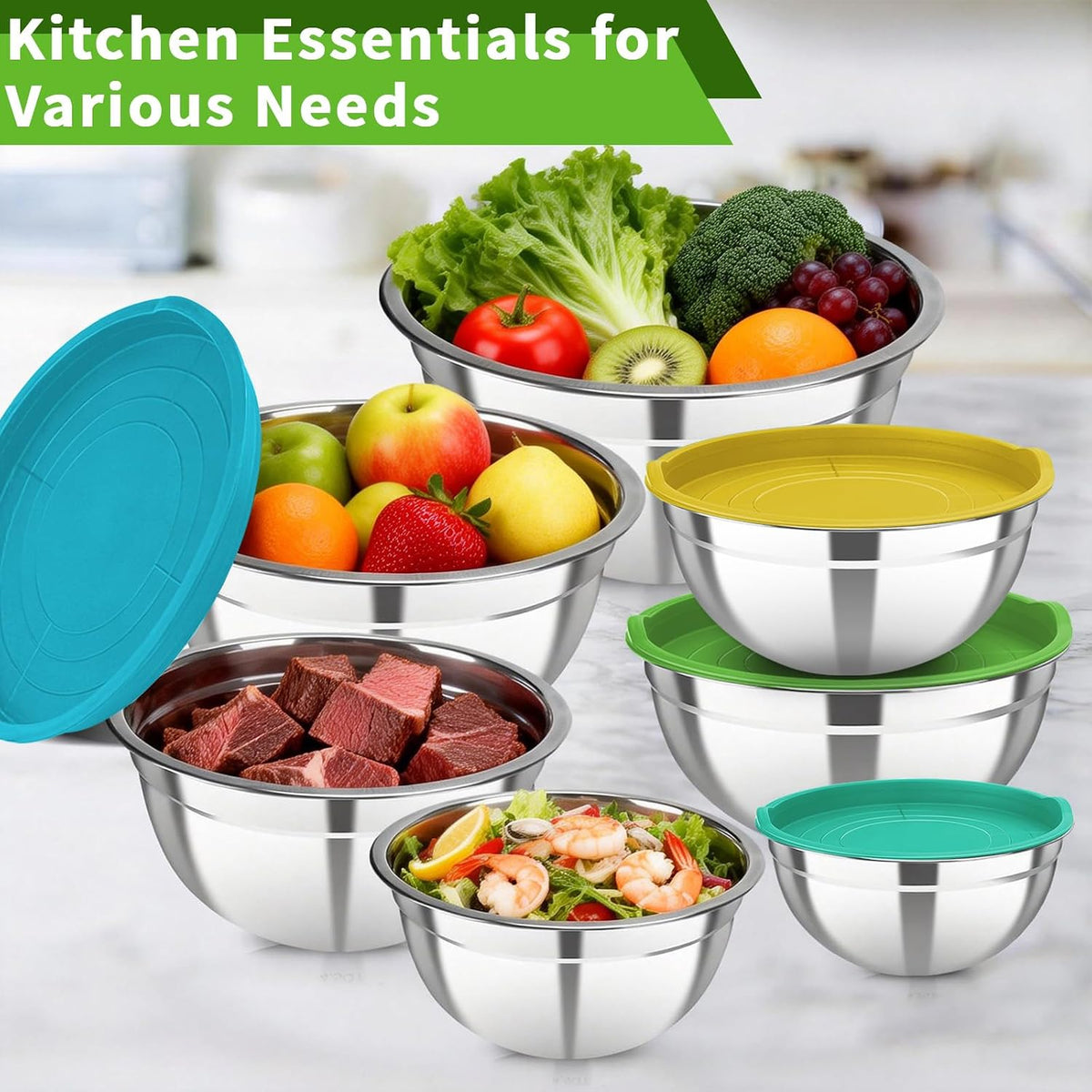Stainless Steel Mixing Bowls with Color Lids, 7-Piece Set