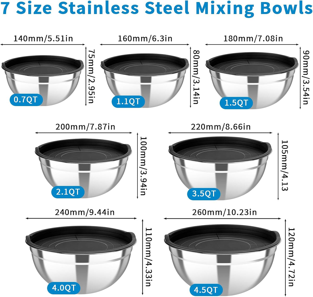 Stainless Steel Mixing Bowls with Color Lids, 7-Piece Set