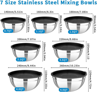 Stainless Steel Mixing Bowls with Color Lids, 7-Piece Set