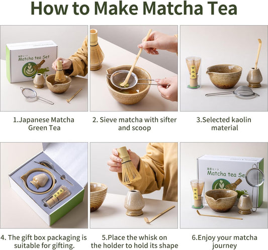 Traditional Matcha Tea Ceremony Set with Ceramic Bowl, Bamboo Whisk, Stand and Strainer, 5-Piece (yellow)