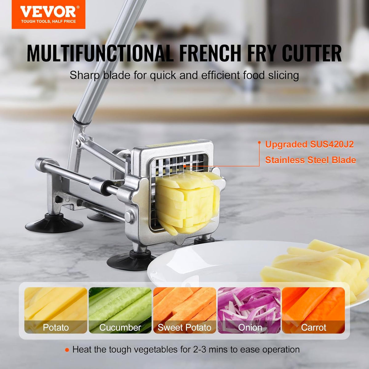 French Fry Cutter, Potato Slicer with 1/2", "3/8", "1/4 Stainless Steel Blades, Manual Potato Cutter Chopper with Suction Cups, Great for Potato, French Fries, Cucumber, Vegetables, Carrot