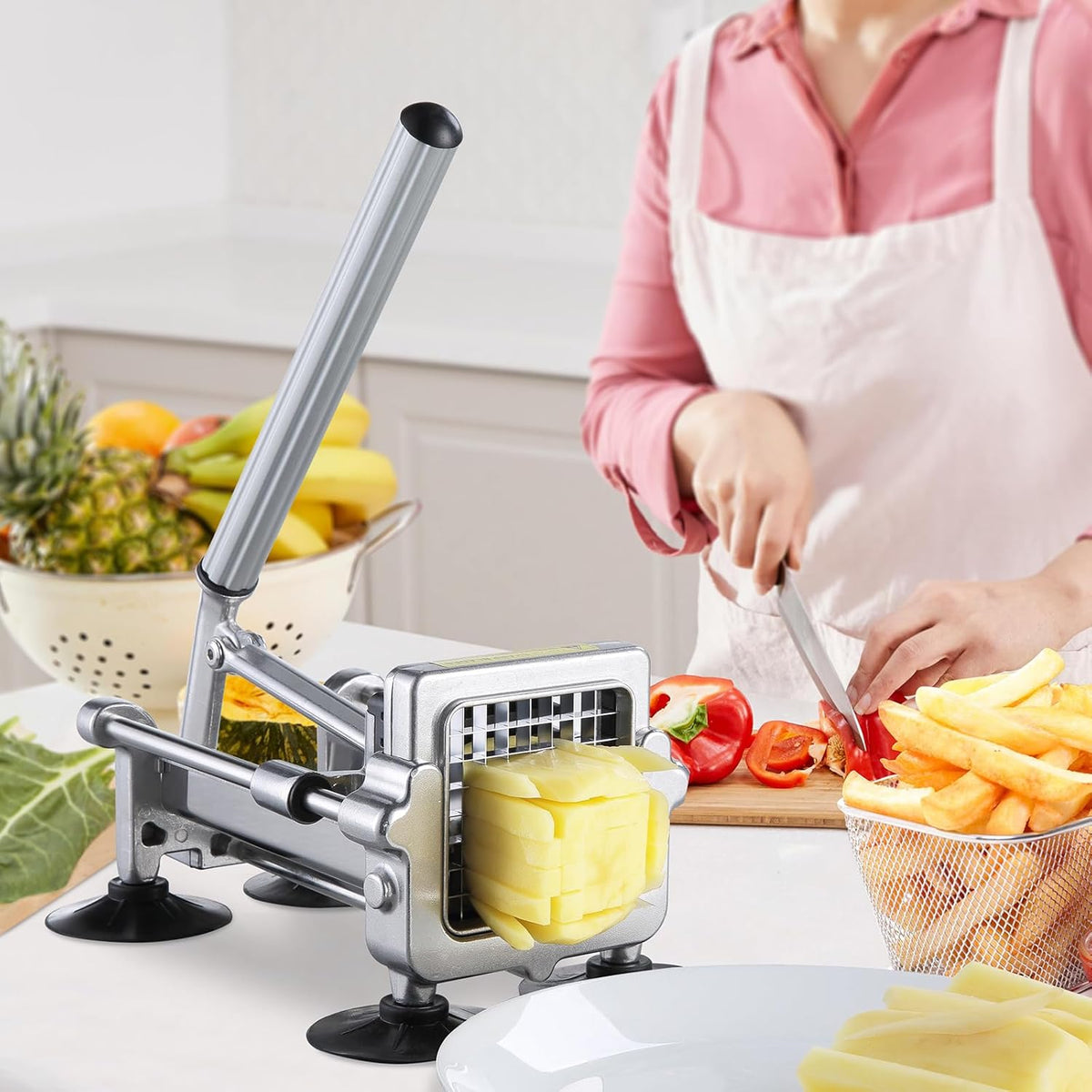 French Fry Cutter, Potato Slicer with 1/2", "3/8", "1/4 Stainless Steel Blades, Manual Potato Cutter Chopper with Suction Cups, Great for Potato, French Fries, Cucumber, Vegetables, Carrot