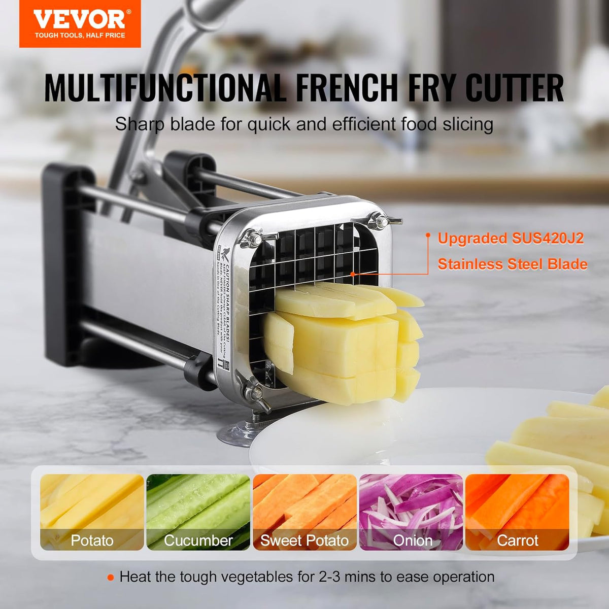 French Fry Cutter, Potato Slicer with 1/2", "3/8", "1/4 Stainless Steel Blades, Manual Potato Cutter Chopper with Suction Cups, Great for Potato, French Fries, Cucumber, Vegetables, Carrot