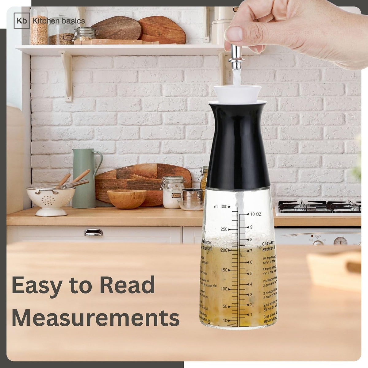 Salad Dressing Cruet 300ml/10oz - Refillable Glass Bottle with Etched Recipes, 3-in-1 Tool to Measure, Mix, Serve Dressings - Stylish & Functional Kitchen Essential