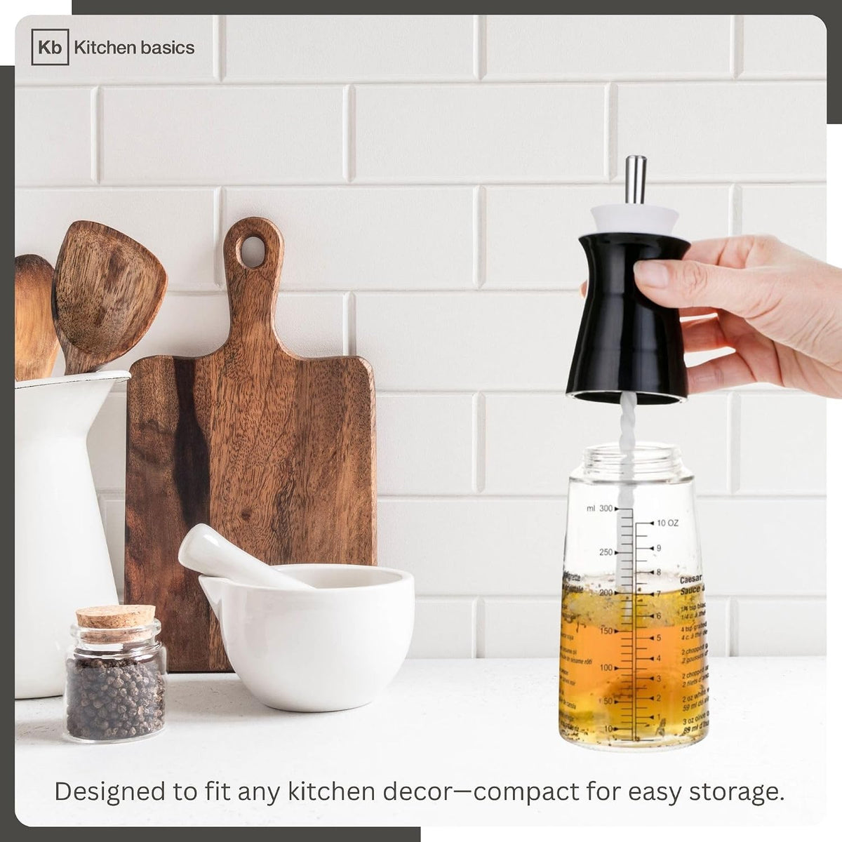 Salad Dressing Cruet 300ml/10oz - Refillable Glass Bottle with Etched Recipes, 3-in-1 Tool to Measure, Mix, Serve Dressings - Stylish & Functional Kitchen Essential