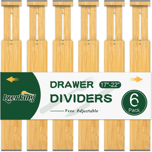 Kitchen Drawer Dividers 6 Pack Bamboo Drawer | 17-22" Adjustable, Spring Loaded, Expandable Utensil Organizer, Works in Kitchen, Dresser, Closet, Bathroom, Bedroom