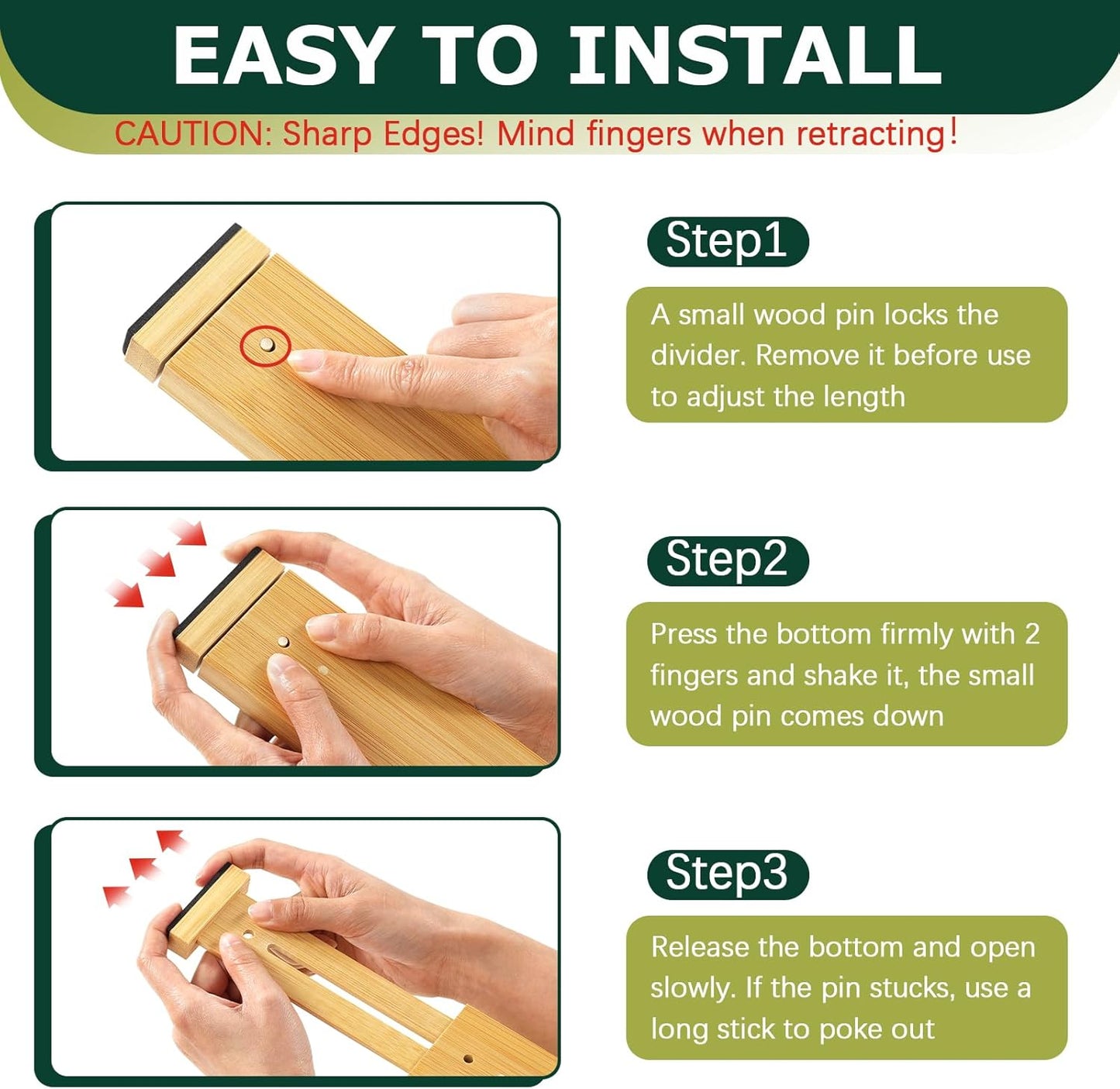 Kitchen Drawer Dividers 6 Pack Bamboo Drawer | 17-22" Adjustable, Spring Loaded, Expandable Utensil Organizer, Works in Kitchen, Dresser, Closet, Bathroom, Bedroom