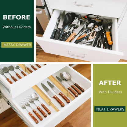 Kitchen Drawer Dividers 6 Pack Bamboo Drawer | 17-22" Adjustable, Spring Loaded, Expandable Utensil Organizer, Works in Kitchen, Dresser, Closet, Bathroom, Bedroom