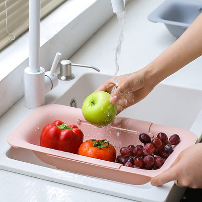 Collapsible Sink Colanders and Strainers Basket Over the Sink Colander Collapsible Colander Extendable Plastic Fruit Vegetable Strainer Drainer Basket for Kitchen (Length 14.3 inch-19.4 inch) (White)
