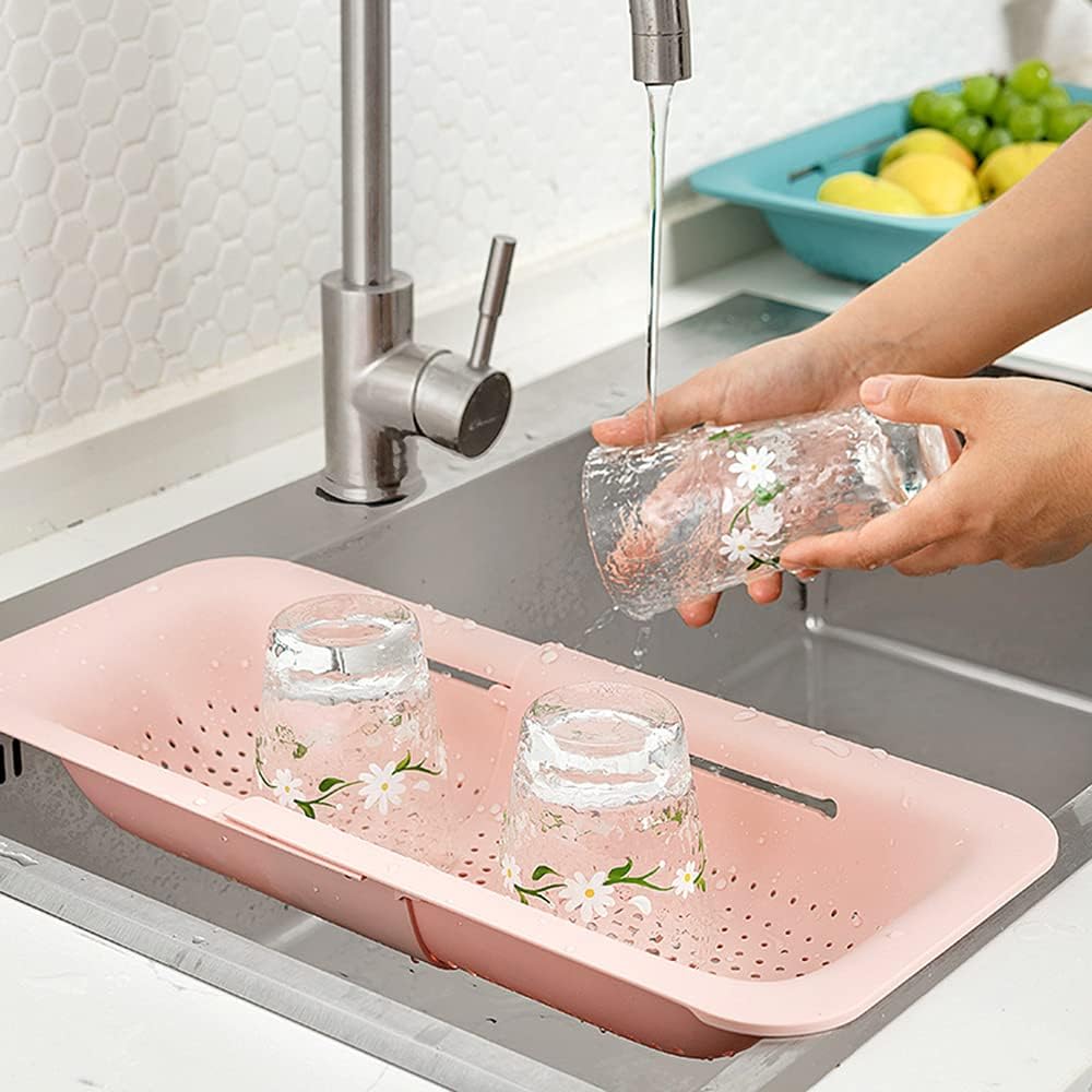 Collapsible Sink Colanders and Strainers Basket Over the Sink Colander Collapsible Colander Extendable Plastic Fruit Vegetable Strainer Drainer Basket for Kitchen (Length 14.3 inch-19.4 inch) (White)