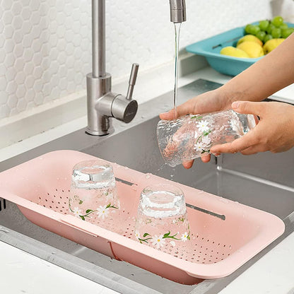 Collapsible Sink Colanders and Strainers Basket Over the Sink Colander Collapsible Colander Extendable Plastic Fruit Vegetable Strainer Drainer Basket for Kitchen (Length 14.3 inch-19.4 inch) (White)