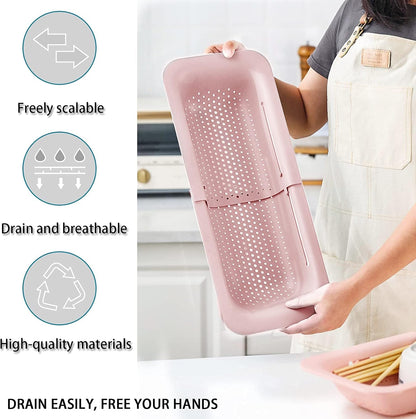 Collapsible Sink Colanders and Strainers Basket Over the Sink Colander Collapsible Colander Extendable Plastic Fruit Vegetable Strainer Drainer Basket for Kitchen (Length 14.3 inch-19.4 inch) (White)