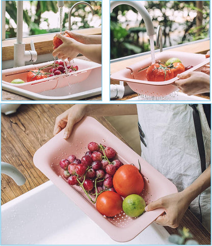 Collapsible Sink Colanders and Strainers Basket Over the Sink Colander Collapsible Colander Extendable Plastic Fruit Vegetable Strainer Drainer Basket for Kitchen (Length 14.3 inch-19.4 inch) (White)