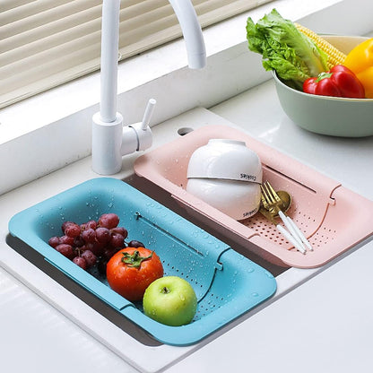 Collapsible Sink Colanders and Strainers Basket Over the Sink Colander Collapsible Colander Extendable Plastic Fruit Vegetable Strainer Drainer Basket for Kitchen (Length 14.3 inch-19.4 inch) (White)