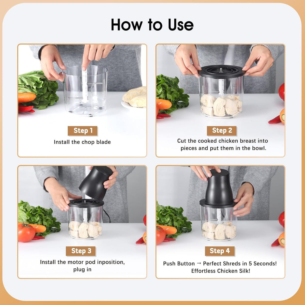 Food Processors, 2 IN 1 Electric Chicken Shredder &Food Chopper with 250W Copper Motor,1.5L Bowls & 2 Bi-Level Blades,One-Touch Electric Chicken Breast Shredder Tool-Smart Overheat Protection