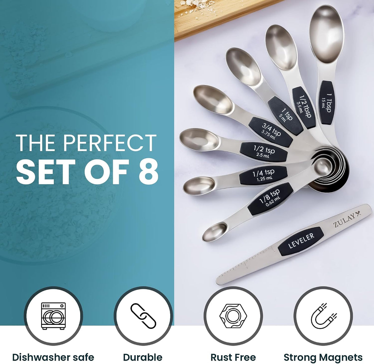 Stackable Magnetic Spoons Set of 8 - Dual Sided Magnetic Measuring Spoons Set Fits In Spice Jars - Stainless Steel Measuring Spoons Magnetic For Dry and Liquid Ingredients (Black)