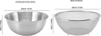 Stainless Steel Strainer Colander, Colander Large Metal Strainer for Kitchen, Colander Strainer Fine Mesh Strainer for Washing Vegetables, Fruit, Beans & Pasta(Basin+Mesh Sieve)