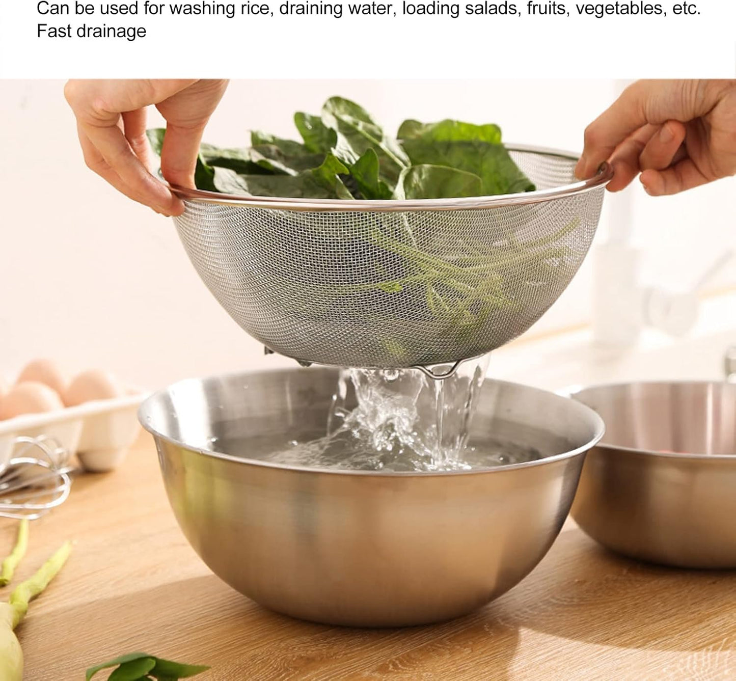 Stainless Steel Strainer Colander, Colander Large Metal Strainer for Kitchen, Colander Strainer Fine Mesh Strainer for Washing Vegetables, Fruit, Beans & Pasta(Basin+Mesh Sieve)