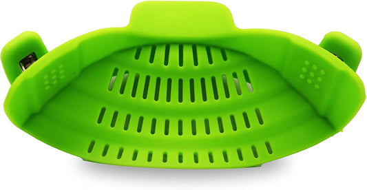 Silicone Clip on Pot Strainer, Heat-resistant Snap-On Strainer for Pasta, Noodles, Rice, Meats and Vegetables, Green