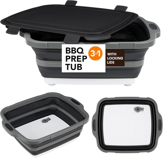Collapsible Cutting Board(2.11 Gal/8L), BBQ Prep Tub with Locking Lid, Foldable Camping Sink with Colander, Multifunction Dish Basin for Kitchen, Bowl, Vegetable and Fruit, Storage Basket for Picnic