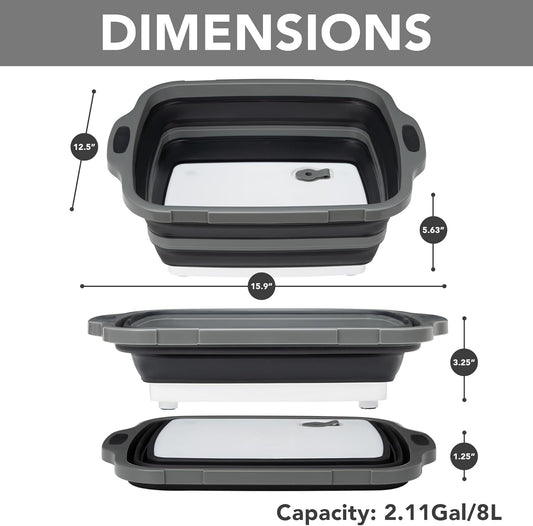 Collapsible Cutting Board(2.11 Gal/8L), BBQ Prep Tub with Locking Lid, Foldable Camping Sink with Colander, Multifunction Dish Basin for Kitchen, Bowl, Vegetable and Fruit, Storage Basket for Picnic