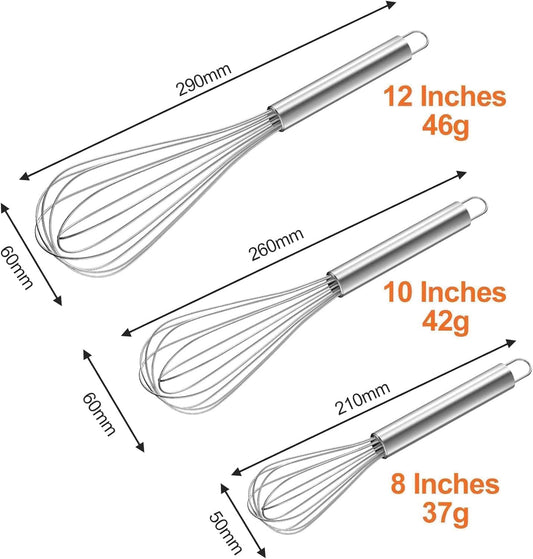 3 Pack Metal Whisk Set 8'' 10'' 12'', Manual Mini Whisk for - Egg, Balloon, Cooking, Blending, Beating, Stirring