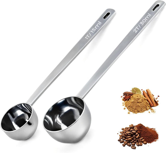 2PCS Coffee Scoop for Ground Coffee Stainless Steel Measuring Spoons Long Handle 30ml 6.4in and 15ml 5.7in Set for Deep Jars Beans Protein Powder Flour