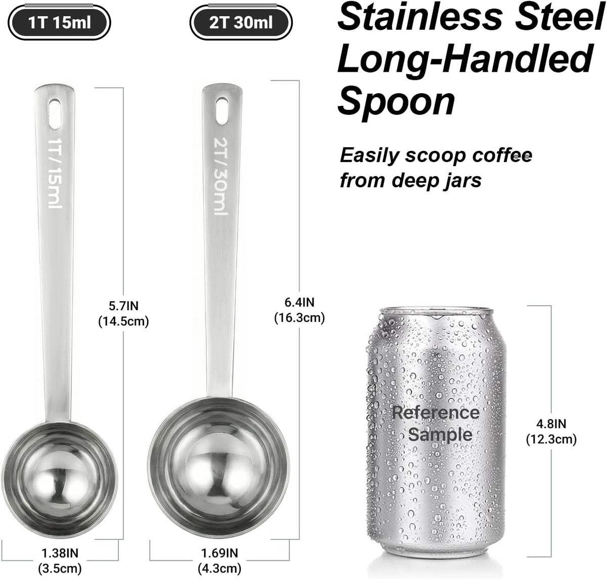 2PCS Coffee Scoop for Ground Coffee Stainless Steel Measuring Spoons Long Handle 30ml 6.4in and 15ml 5.7in Set for Deep Jars Beans Protein Powder Flour