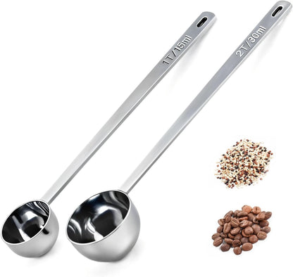 2PCS Coffee Scoop for Ground Coffee Stainless Steel Measuring Spoons Long Handle 30ml 6.4in and 15ml 5.7in Set for Deep Jars Beans Protein Powder Flour