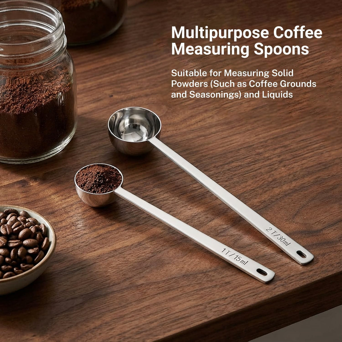 2PCS Coffee Scoop for Ground Coffee Stainless Steel Measuring Spoons Long Handle 30ml 6.4in and 15ml 5.7in Set for Deep Jars Beans Protein Powder Flour