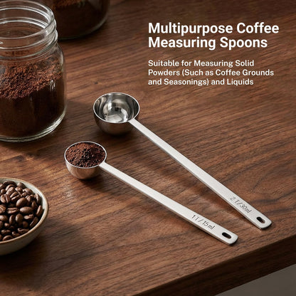 2PCS Coffee Scoop for Ground Coffee Stainless Steel Measuring Spoons Long Handle 30ml 6.4in and 15ml 5.7in Set for Deep Jars Beans Protein Powder Flour