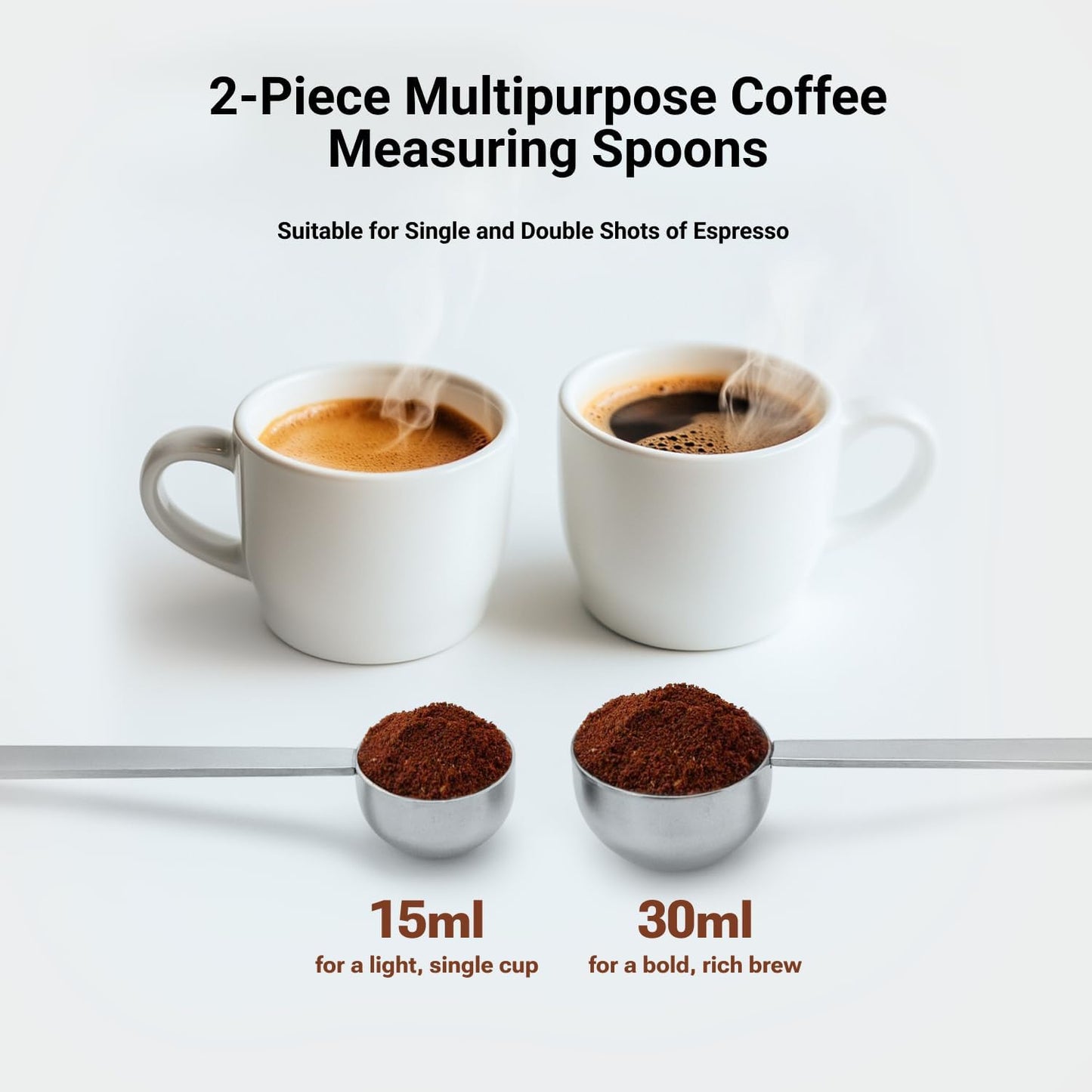 2PCS Coffee Scoop for Ground Coffee Stainless Steel Measuring Spoons Long Handle 30ml 6.4in and 15ml 5.7in Set for Deep Jars Beans Protein Powder Flour