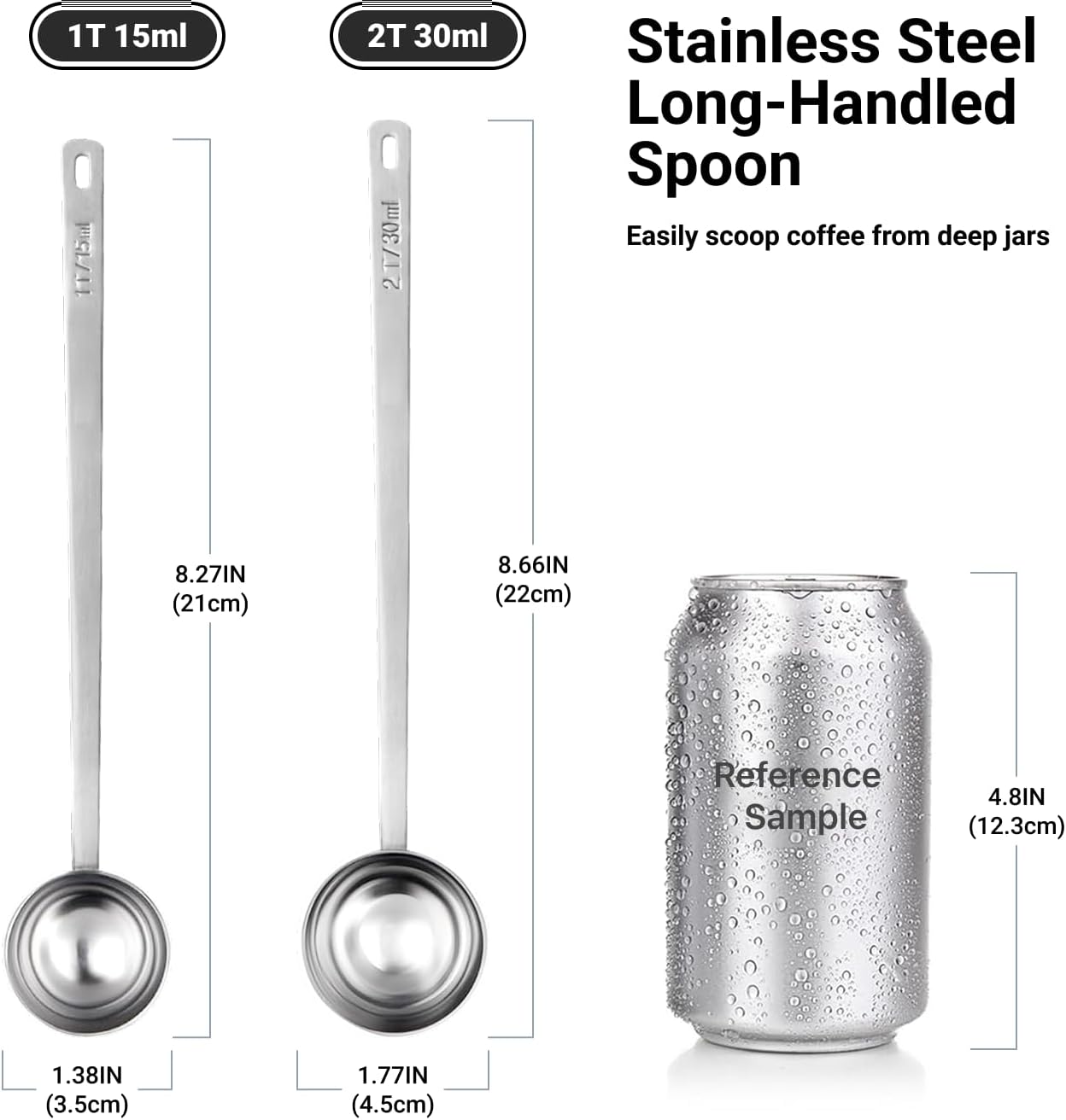 2PCS Coffee Scoop for Ground Coffee Stainless Steel Measuring Spoons Long Handle 30ml 6.4in and 15ml 5.7in Set for Deep Jars Beans Protein Powder Flour