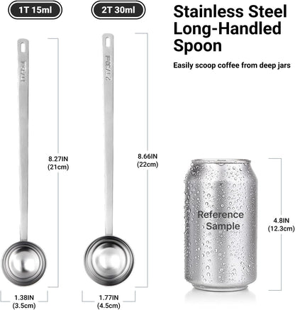 2PCS Coffee Scoop for Ground Coffee Stainless Steel Measuring Spoons Long Handle 30ml 6.4in and 15ml 5.7in Set for Deep Jars Beans Protein Powder Flour
