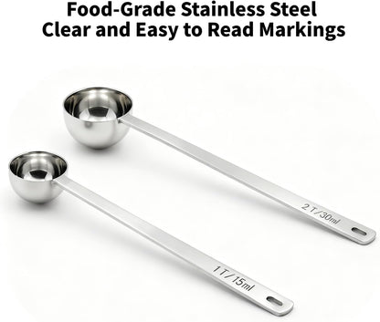 2PCS Coffee Scoop for Ground Coffee Stainless Steel Measuring Spoons Long Handle 30ml 6.4in and 15ml 5.7in Set for Deep Jars Beans Protein Powder Flour