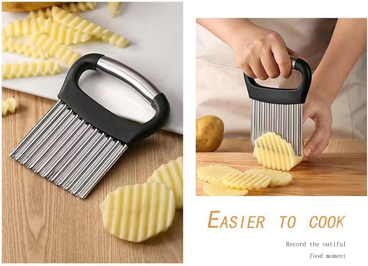 Crinkle Cutter for Veggies, Stainless Steel French Fry Cutter for Potatoes Cucumbers Carrot Crinkle Cut Knife Wavy Chopper Waffle Fry Slicer