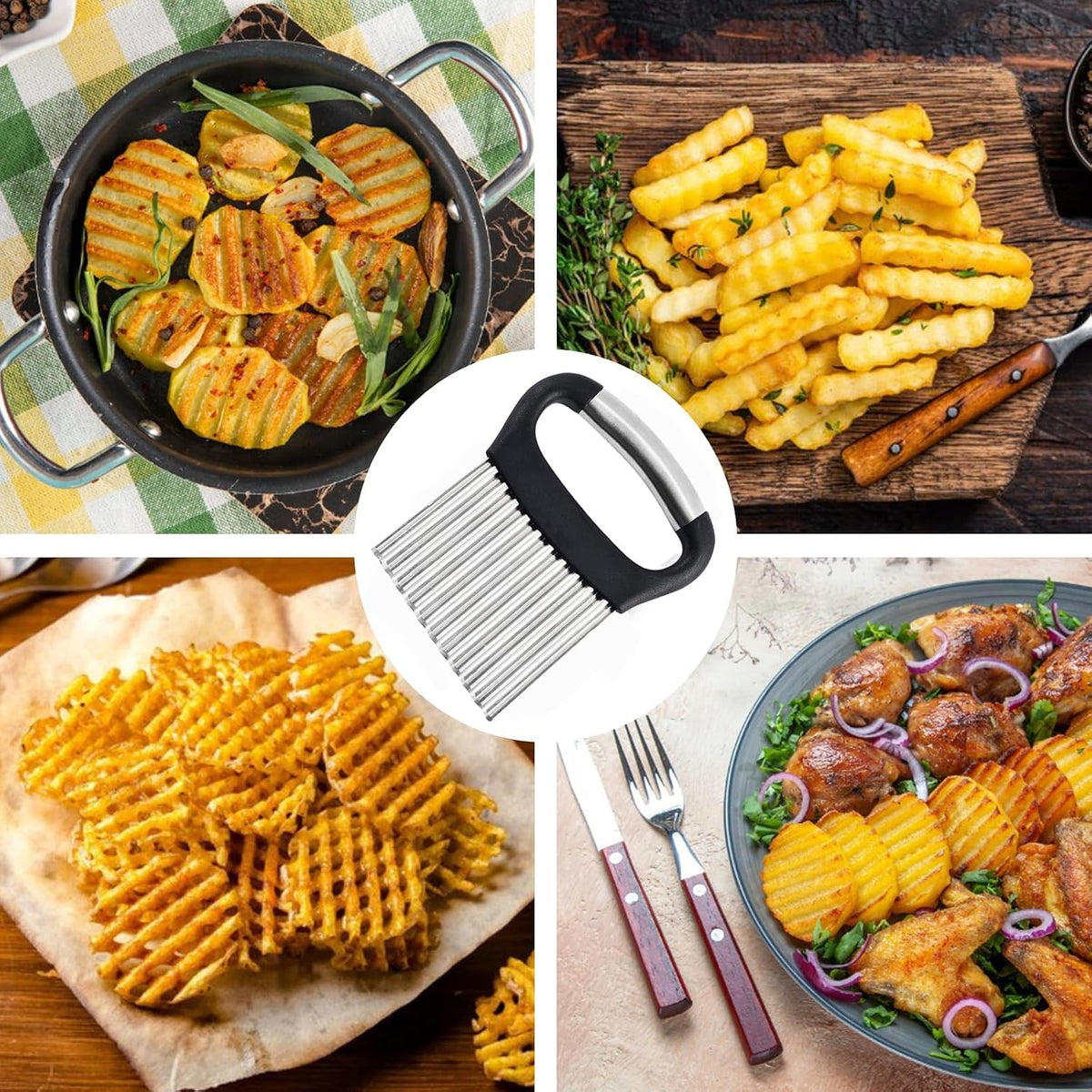 Crinkle Cutter for Veggies, Stainless Steel French Fry Cutter for Potatoes Cucumbers Carrot Crinkle Cut Knife Wavy Chopper Waffle Fry Slicer