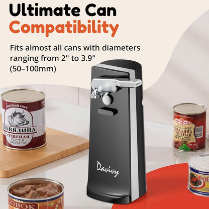 Electric Can Opener - One-Touch Hands-Free Operation,Removable Stainless Steel Cutter, 3-in-1 Design with Knife Sharpener&Bottle Opener(Black)