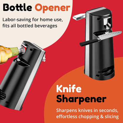 Electric Can Opener - One-Touch Hands-Free Operation,Removable Stainless Steel Cutter, 3-in-1 Design with Knife Sharpener&Bottle Opener(Black)