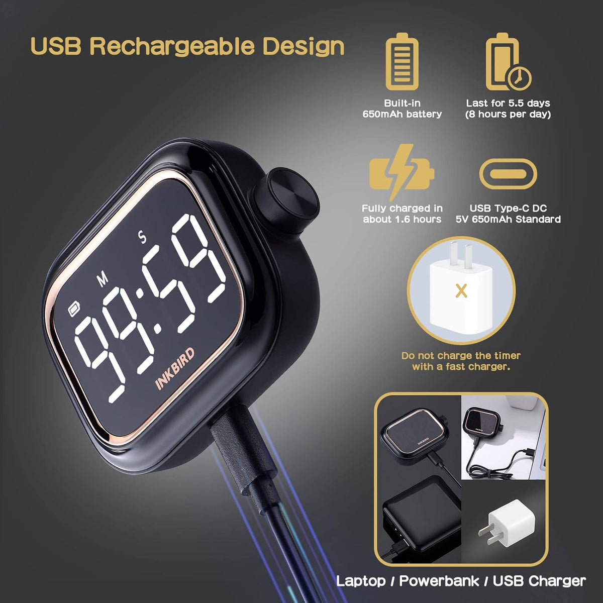 Digital Kitchen Timer for Cooking, Rechargeable 4-Levels Alarm Productivity Timer IDT-02 for Kids, Adults, Teachers, Large LED Smart Countdown Countup Magnetic Timer for Classroom Office