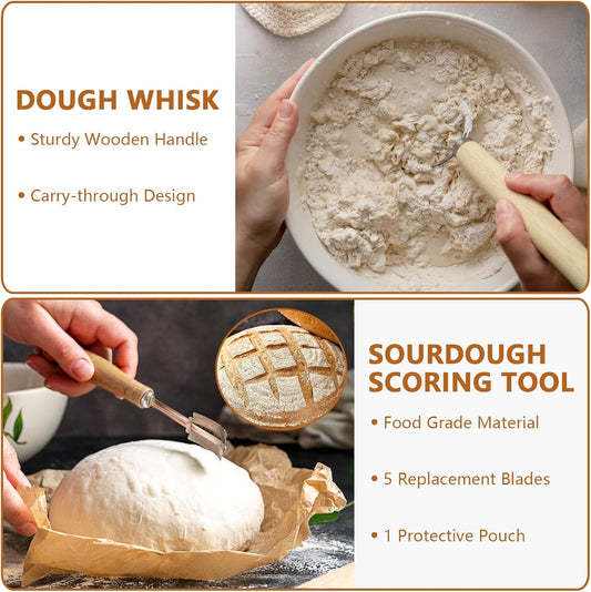 Bread Making Tools Set of 7 | Silicone Pastry Mat, Round Baking Mat, Sourdough Danish Dough Whisk, Bread Lame Dough Scoring, Bread Scraper Dough Cutter