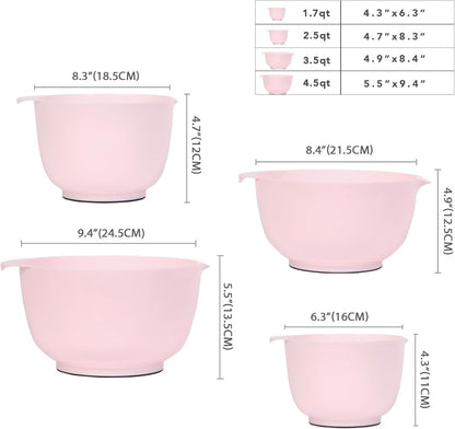 BoxedHome Mixing Bowls Set of 4, BPA Free Plastic,Microwave Safe, Pink | 4.5/3.5/2.5/1.7 quarts, Non-slip Base Large Nesting Bowl with Pour Spout, Dishwasher Safe, for Prep, Cooking,Baking