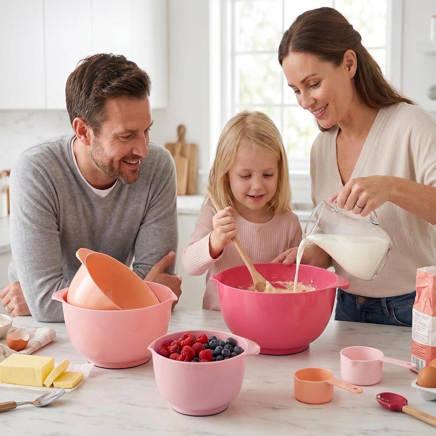 BoxedHome Mixing Bowls Set of 4, BPA Free Plastic,Microwave Safe, Pink | 4.5/3.5/2.5/1.7 quarts, Non-slip Base Large Nesting Bowl with Pour Spout, Dishwasher Safe, for Prep, Cooking,Baking
