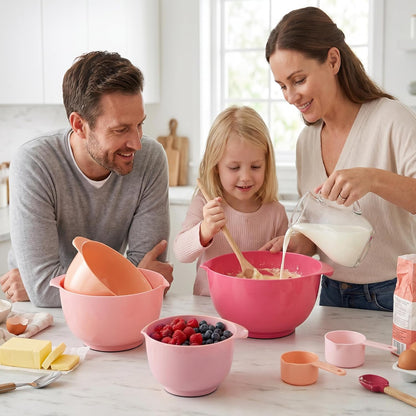 BoxedHome Mixing Bowls Set of 4, BPA Free Plastic,Microwave Safe, Pink | 4.5/3.5/2.5/1.7 quarts, Non-slip Base Large Nesting Bowl with Pour Spout, Dishwasher Safe, for Prep, Cooking,Baking